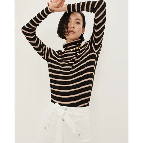 Veronica Beard Cedar Striped Ribbed Jersey Turtleneck Black Multi Size L - Picture 1 of 6